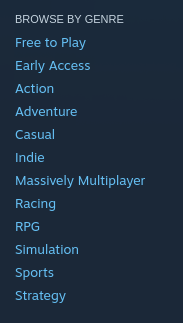 Picture of the list of genres on Steam